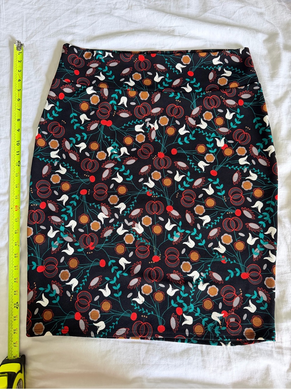 LuLaRoe Black Pencil Skirt with Red, Teal, White & Brown Floral Motif